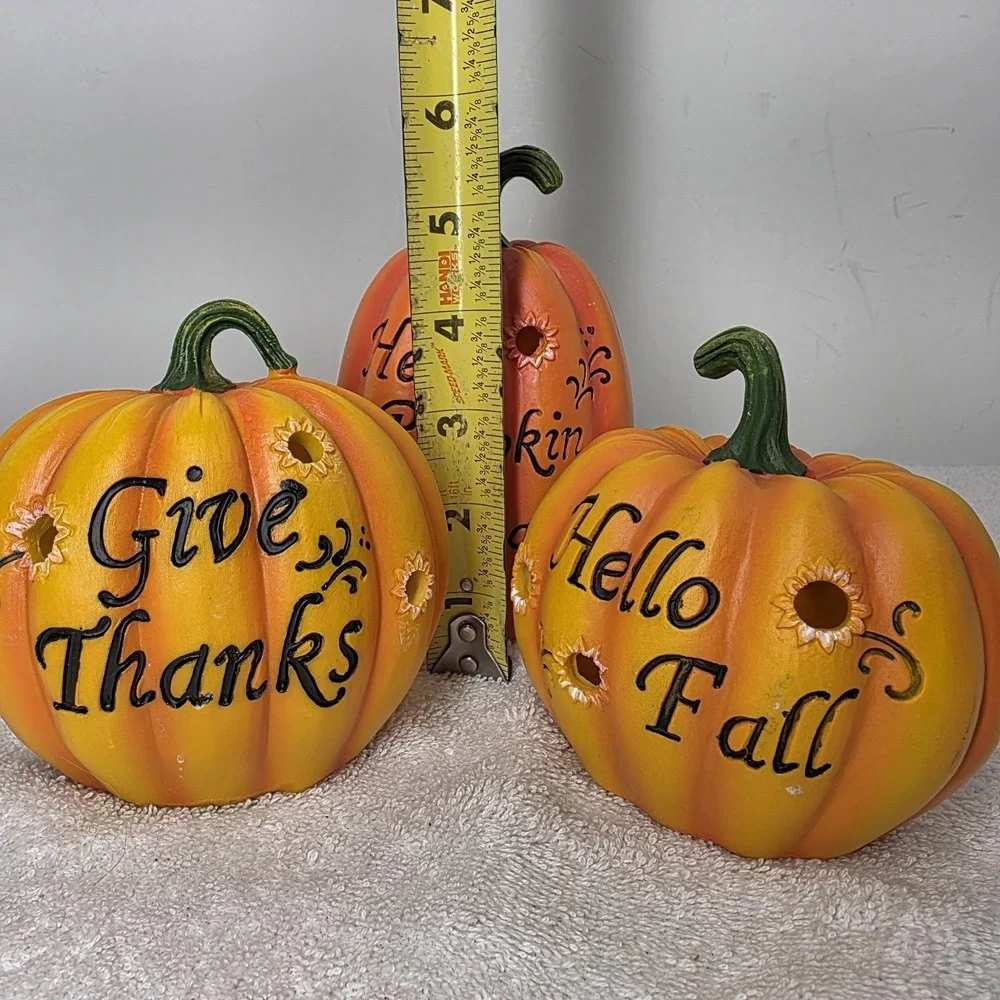 Set Of 3 Light Up Battery Orange Pumpkins Welcome Hello Fall Season Give Thanks